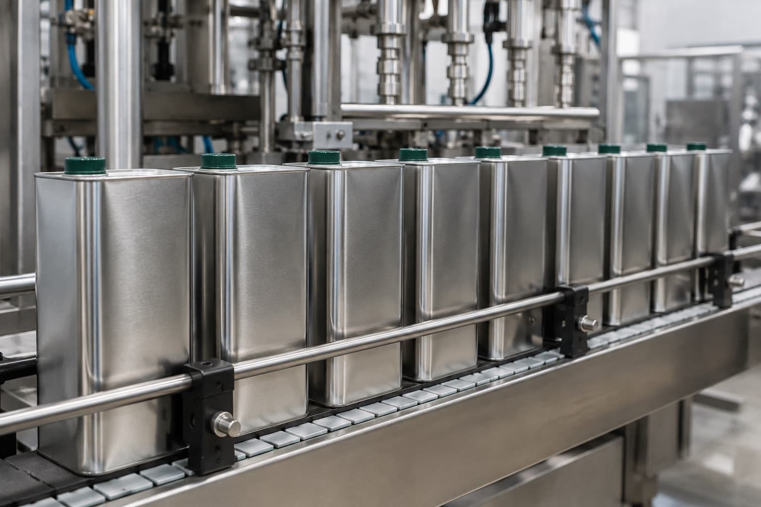 Bidons métalliques d'huile d'olive sur ligne de remplissage